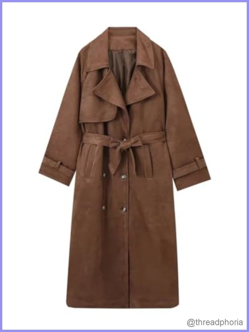 Faux Suede Trench Coat Long Pea Coat Double Breasted with Belt